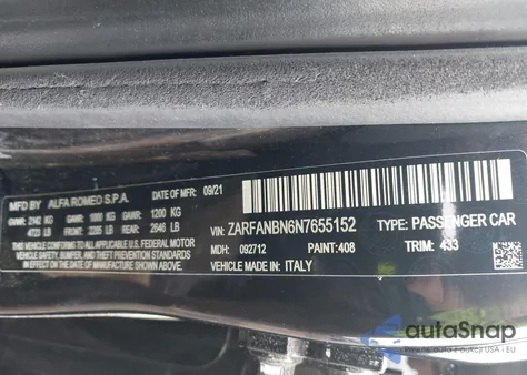 2022 Alfa Romeo Giulia Ti Awd из США, поврежденный, VIN ZARFANBN6N7655152